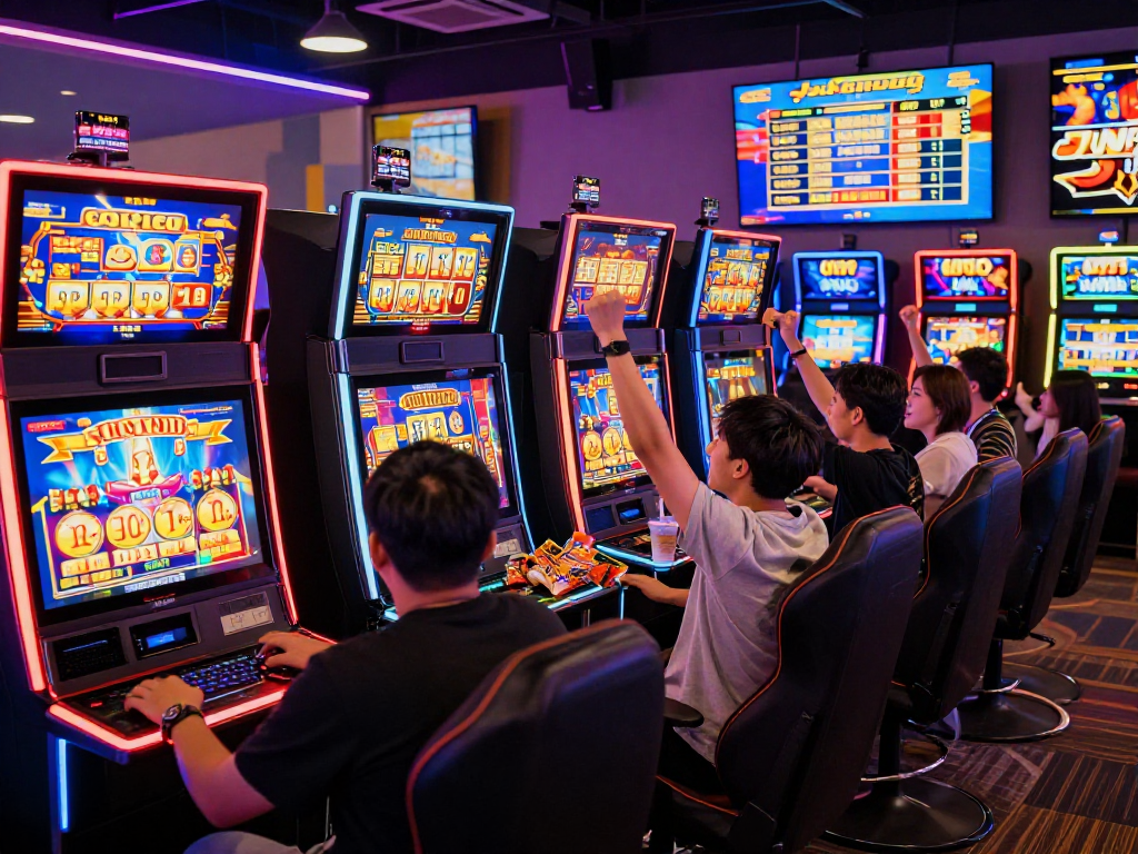 Exciting moment at a gaming lounge as players enjoy slot gacor, celebrating big wins.