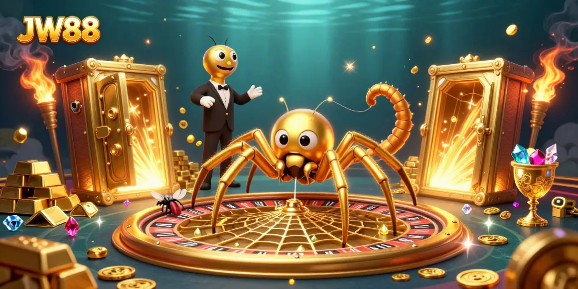 Experience the excitement at JW88 as a golden spider spins a roulette wheel web amidst treasures.