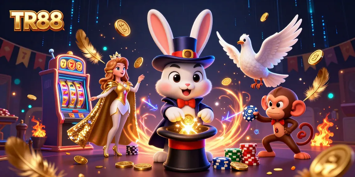 Experience thrilling wins with TR88, featuring a magician rabbit and vibrant casino elements.