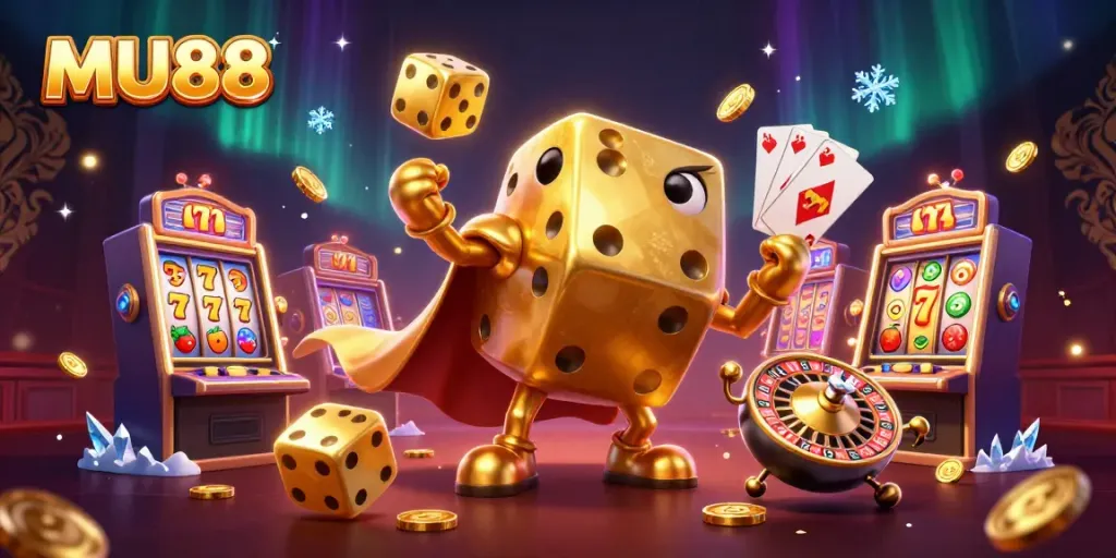 Experience the excitement of MU88 with dazzling golden dice, slot machines, and endless fun in a vibrant casino scene.