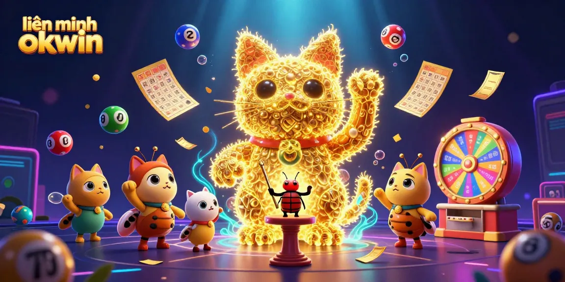 Experience the excitement of liên minh okwin with dynamic casino elements and a magical lucky cat in a vibrant illustration.