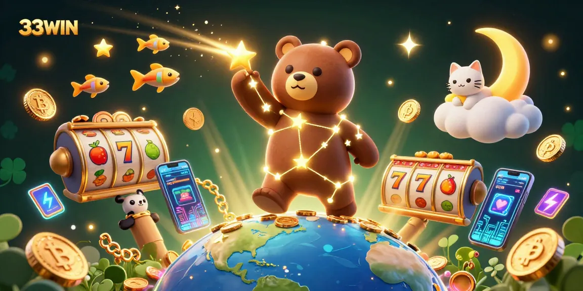 Engage in thrilling gameplay with 33WIN's vibrant casino illustration featuring slot reels and crypto coins.