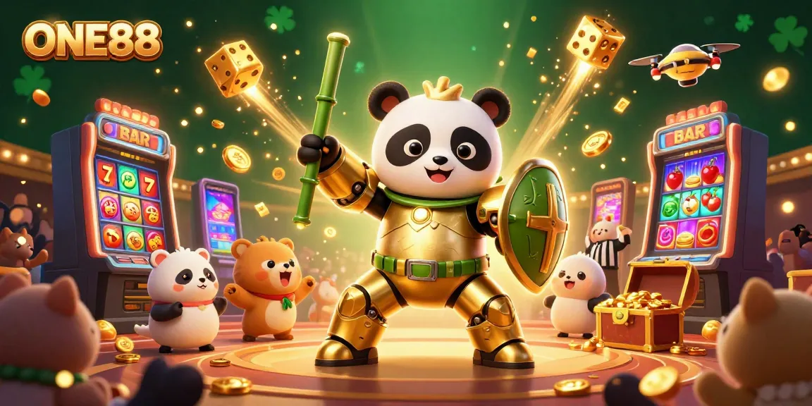 Engage with the dynamic world of ONE88 where golden panda pilots a casino showdown amidst jackpot explosions and vibrant gaming elements.