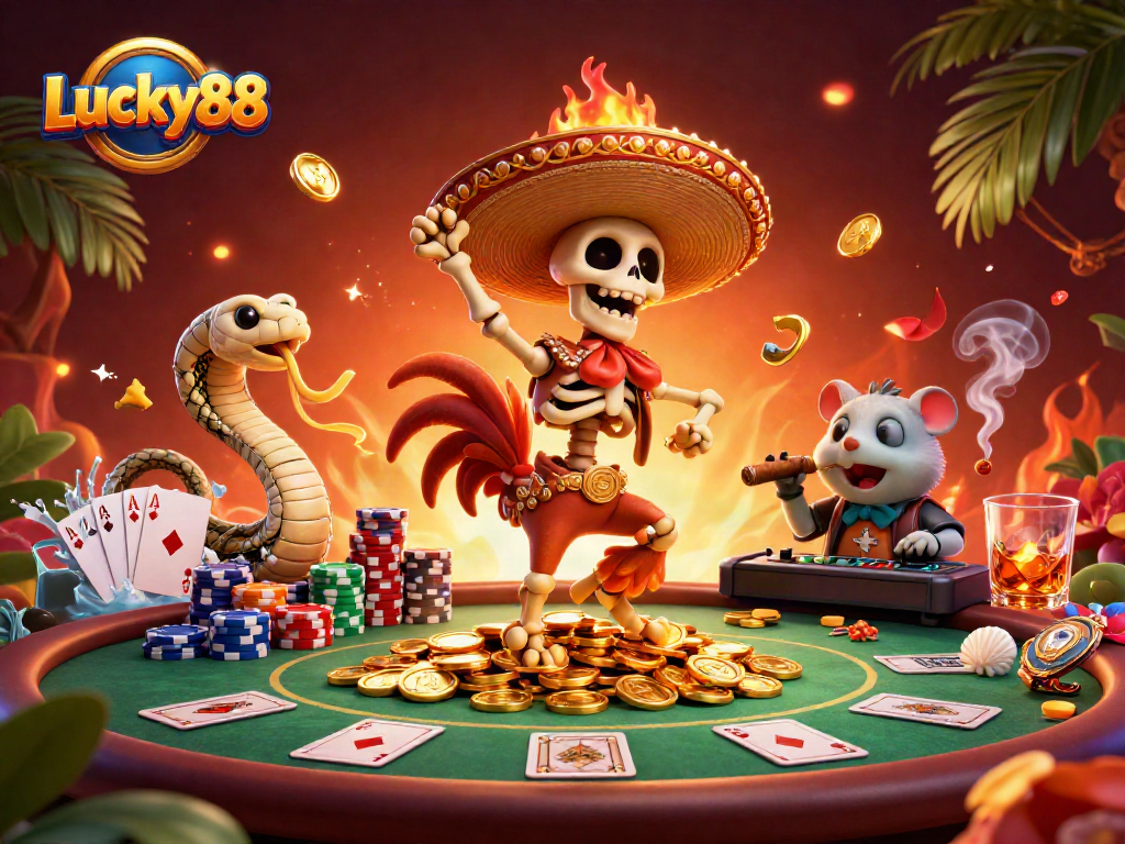 Experience the thrill of Lucky88 with vibrant casino characters and dynamic gaming elements.