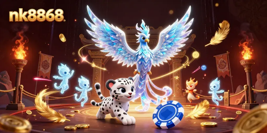 Engage with nk8868's thrilling casino adventure featuring an ice phoenix and vibrant gambling elements.