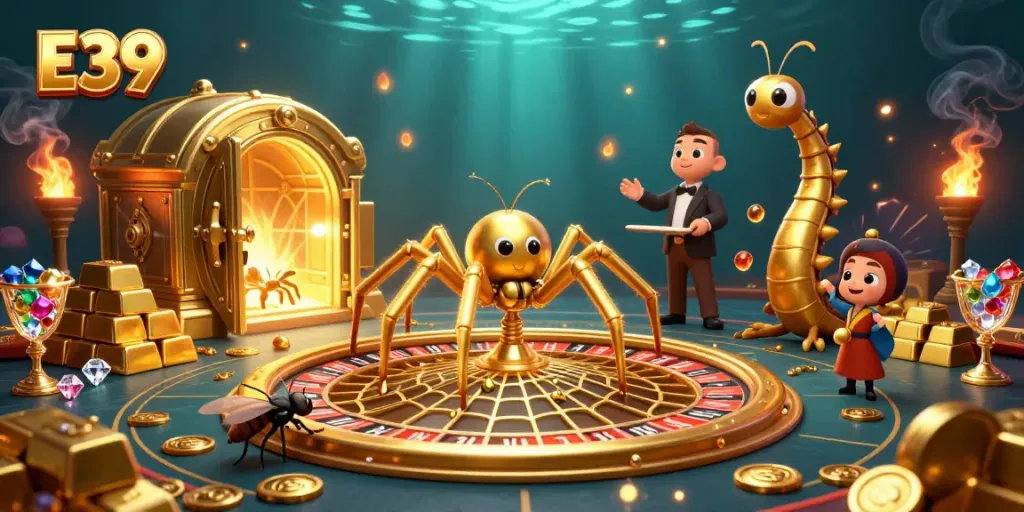 E39's vibrant casino scene features a golden spider and a nervously betting fly.