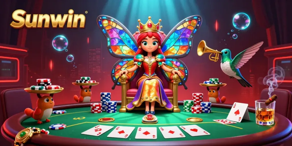 Experience the excitement of Sunwin with a vibrant casino scene featuring a butterfly queen and colorful poker elements.