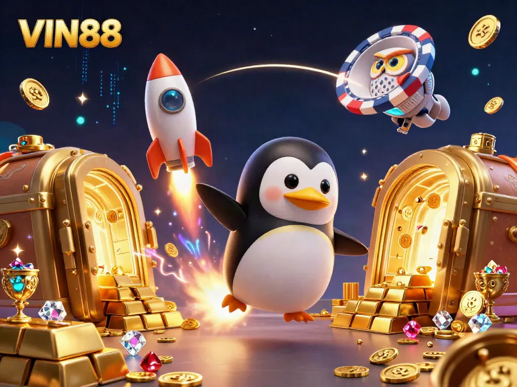 Engage with the thrilling world of VIN88 as a golden penguin blasts to a casino space station filled with treasures.