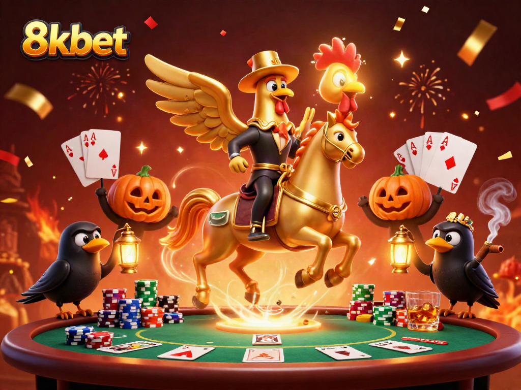 Experience the thrill of 8xbet casino with a golden rooster headless horseman surrounded by poker action.
