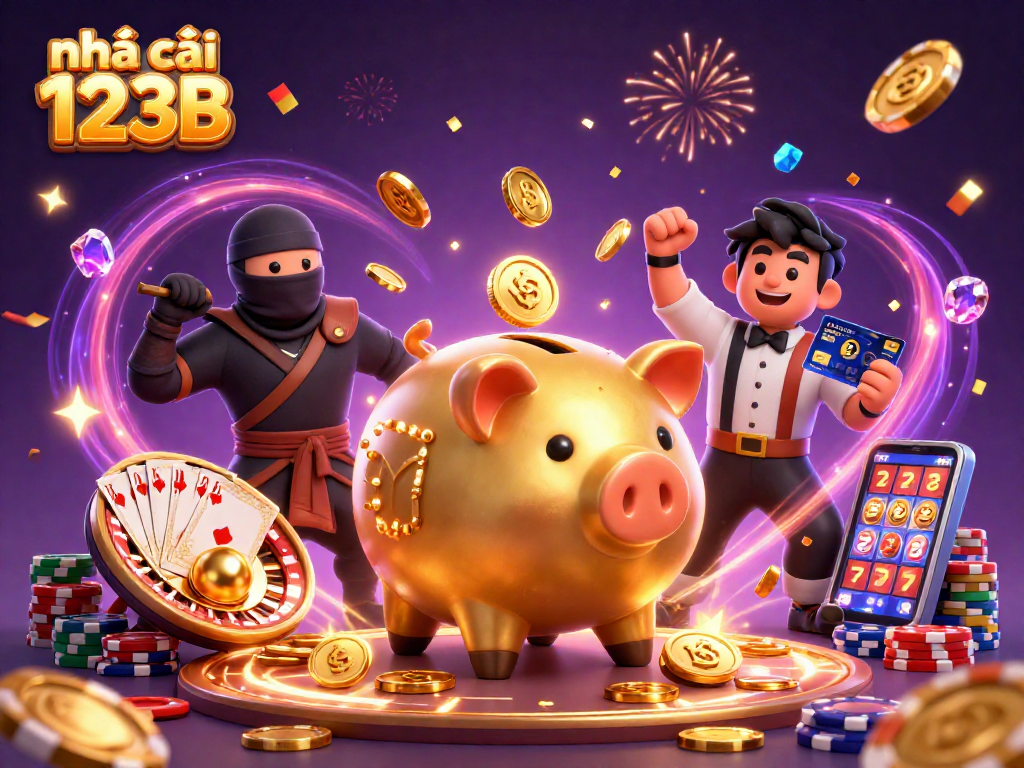 Engage with the fun at nhà cái 123B featuring a vibrant 3D casino scene with golden piggy bank and action-packed elements.