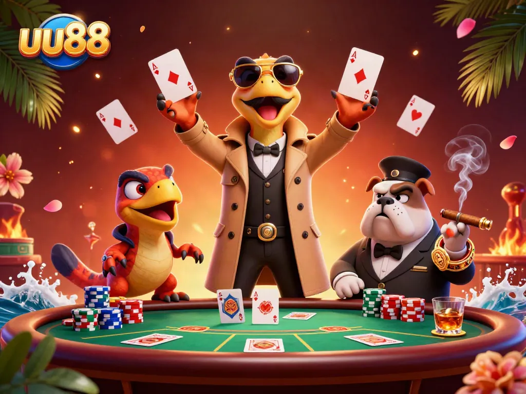 Experience exciting gaming at uu88 with raptors in a trench coat at a VIP casino lounge.