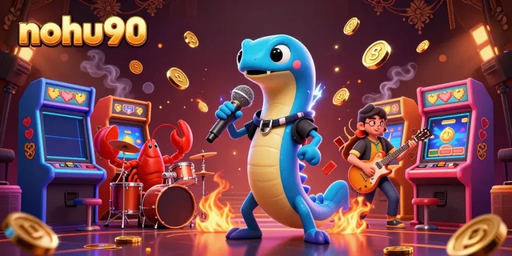 Nohu90 presents an electrifying underwater casino scene with an electric eel DJ, a lobster drummer, and a seahorse guitarist.