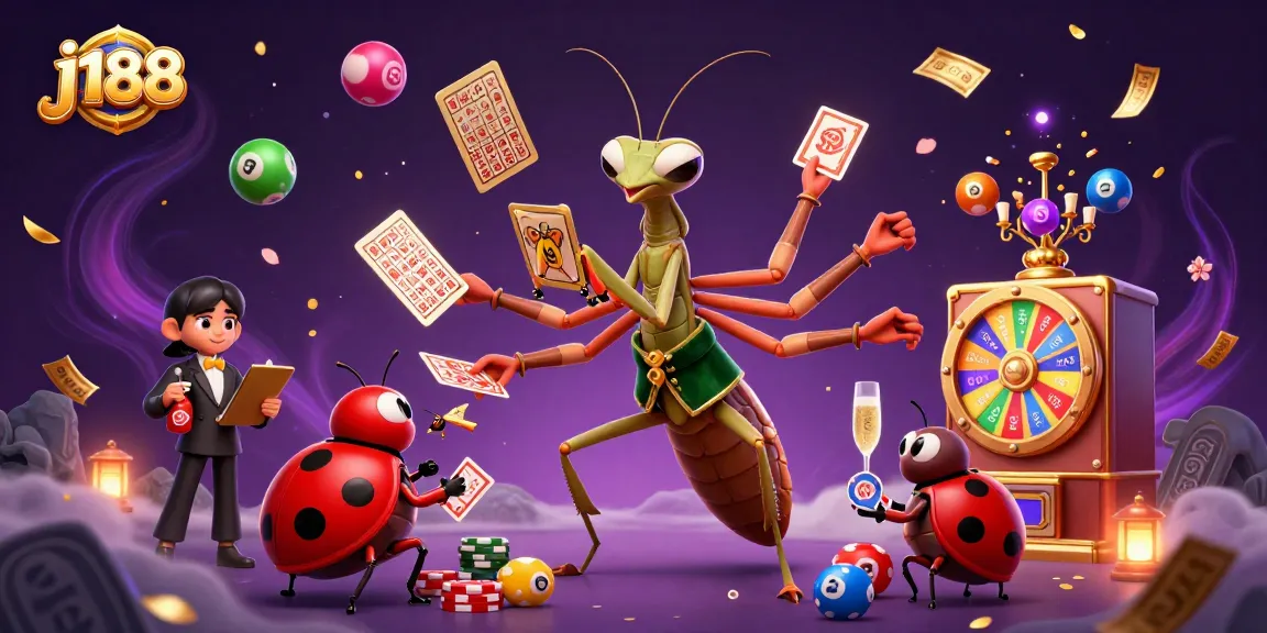 Experience j188 with a lively 3D casino scene of a mantis card sharp, ladybug pit boss, and lottery elements.