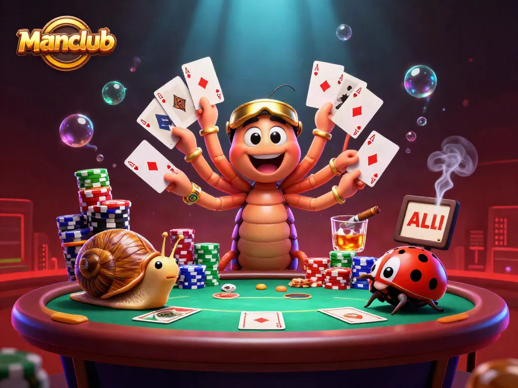 Engage in thrilling manclub poker action with a colorful cartoon dealer and exciting chip stacks.
