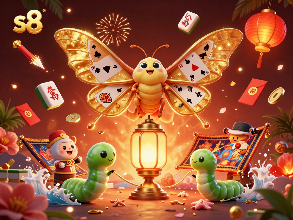 Win big with S8 illustrated by a majestic atlas moth in a rich casino scene.