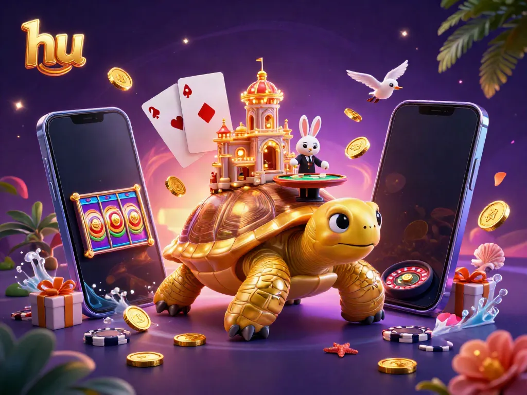 Experience thrilling gameplay at hu’s casino with a golden tortoise, rabbit dealer, and flying coins.