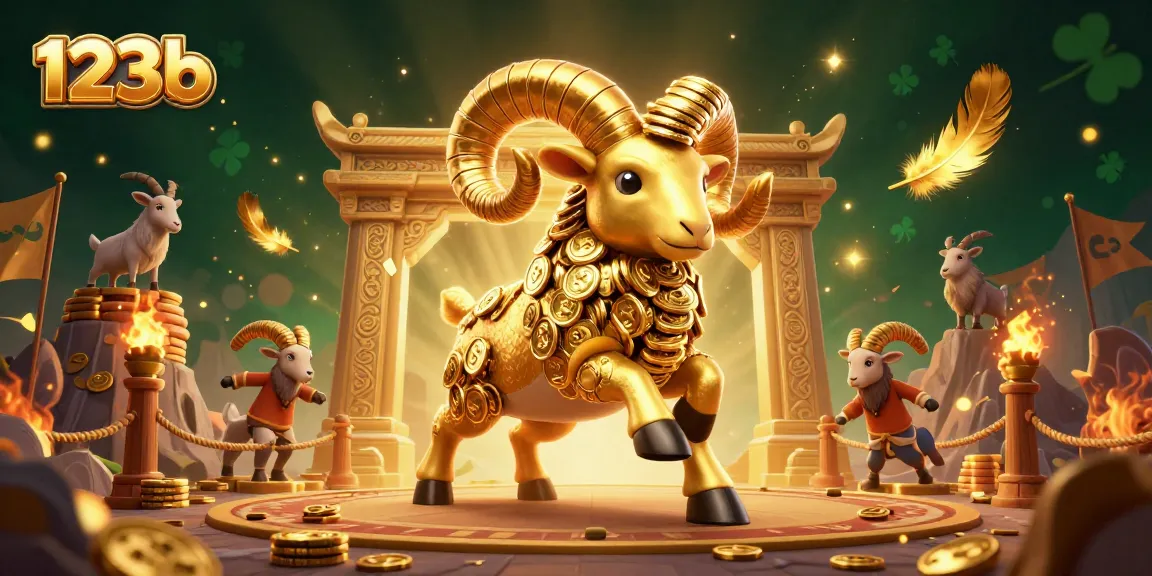 Experience thrilling gaming with 123b, featuring a golden ram charging through a vibrant casino scene.