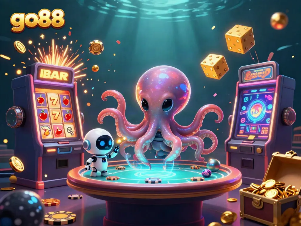Experience thrilling gameplay with go88's alien-themed casino scene featuring vibrant slot machines and exciting action.