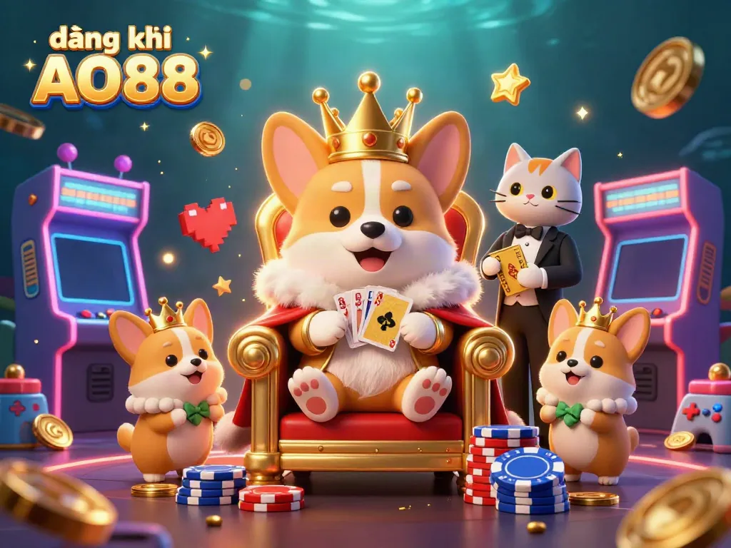 Engage in a world of fun and rewards with đăng ký AO88, featuring a royal corgi and vibrant casino elements.