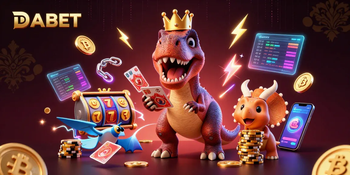 DABET showcases a colorful casino scene with a T-Rex shuffling cards, enhancing the gaming experience