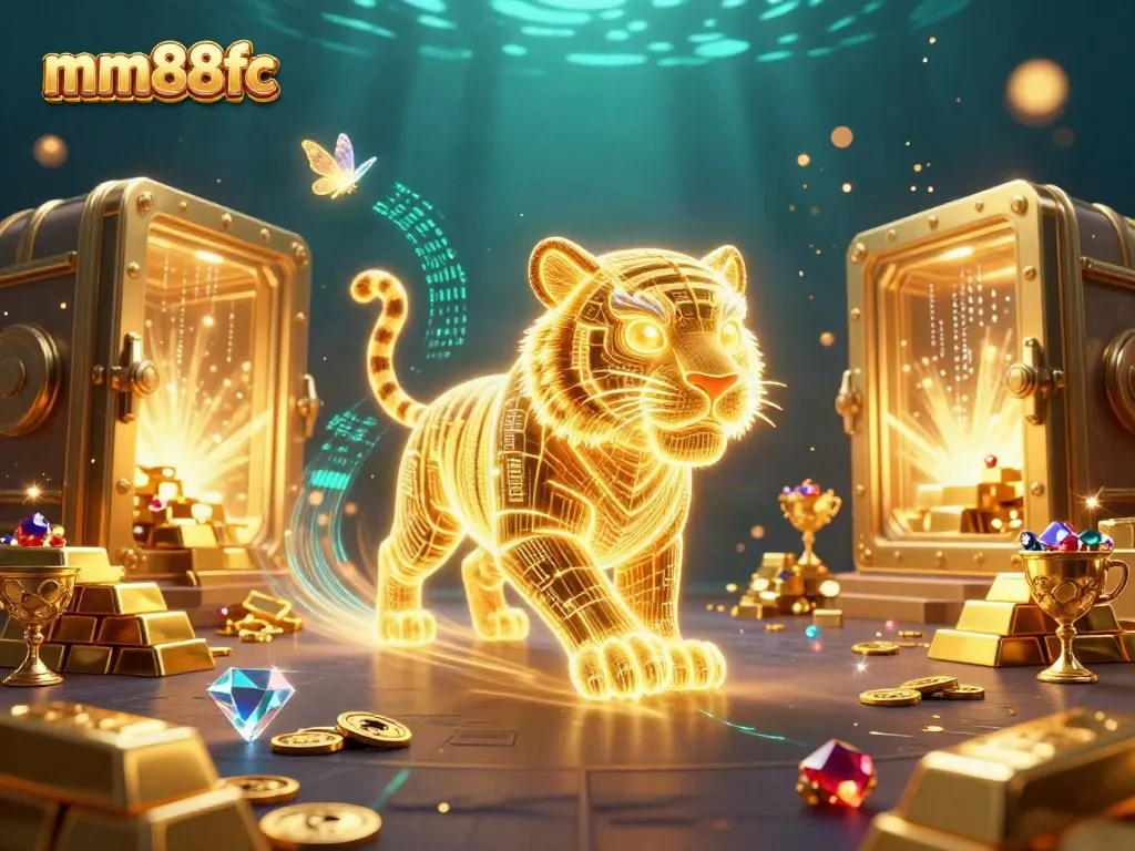 Experience exhilaration at mm88fc with a neon tiger navigating a dazzling casino landscape full of treasures.