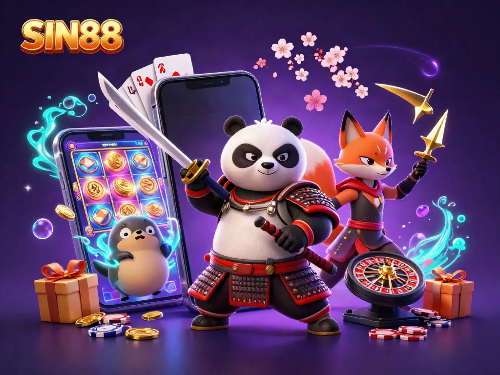 SIN88 showcases exciting gambling action with vibrant characters and casino elements in a captivating 3D illustration.