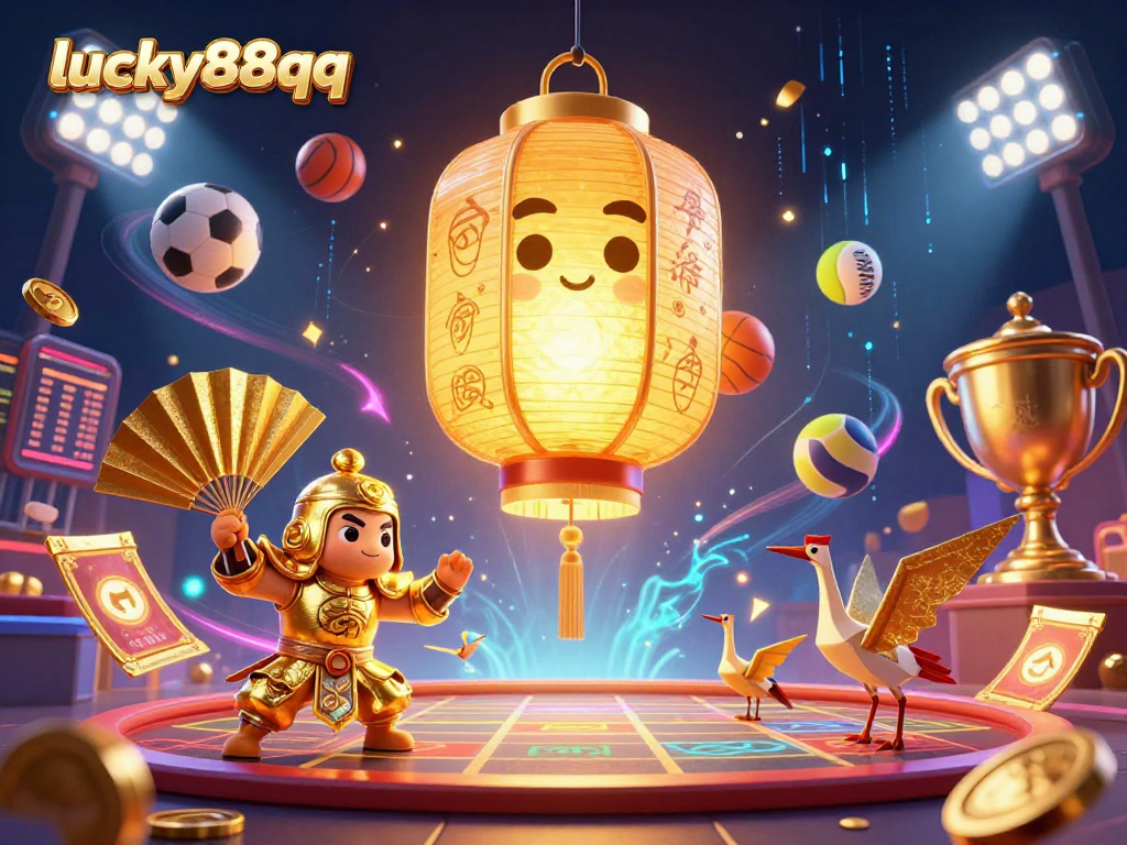 Experience the vibrant world of lucky88qq with golden lantern spirits and dynamic gambling elements in a lively casino scene.