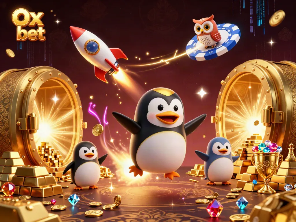 Experience the thrilling Ox bet casino world with a golden penguin soaring towards a vibrant casino space.