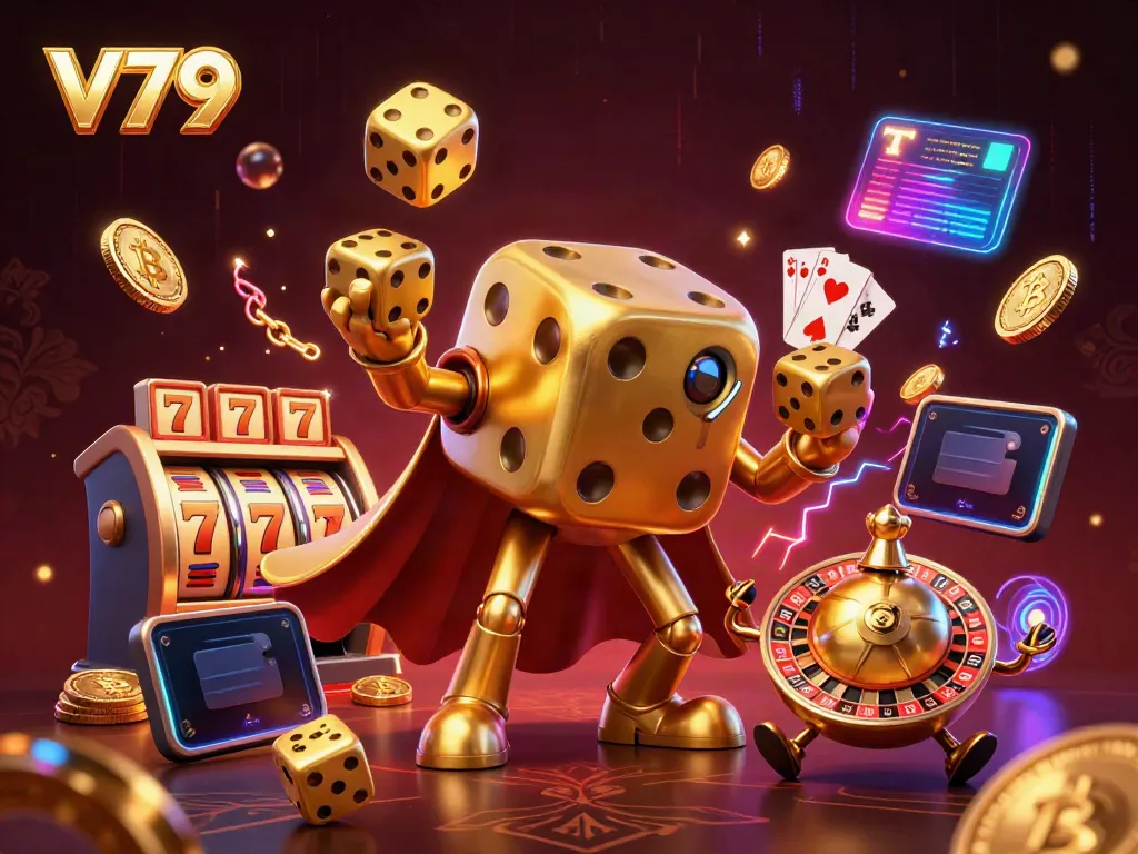 V79 offers a dynamic gaming experience with a golden dice golem and vibrant casino elements.