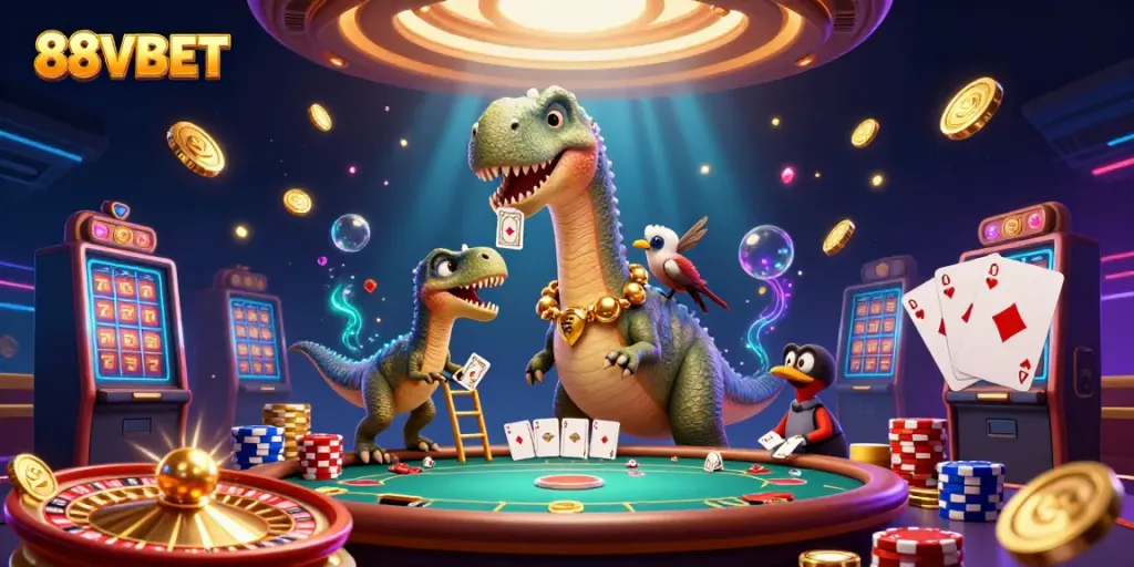 Experience 88VBET excitement with dynamic casino characters amidst cascading winnings and vivid action.