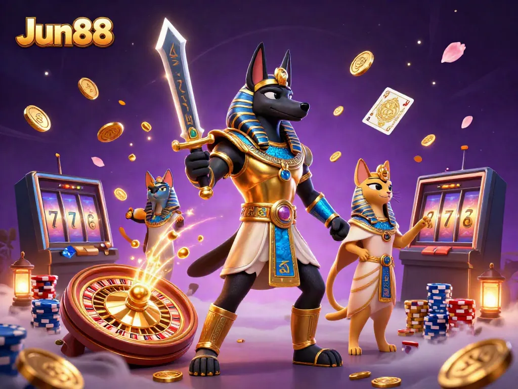 Experience Jun88 with Anubis and Bastet in a lively casino setting, filled with coins and games.