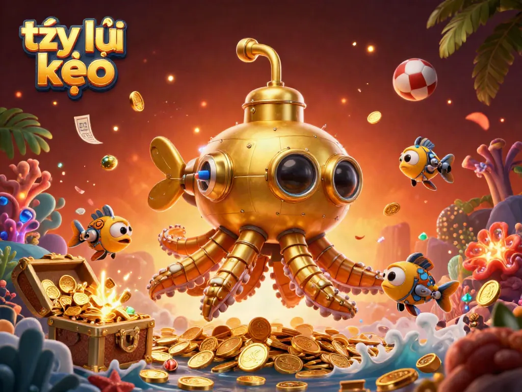 Engage with tỷ lệ kèo and dynamic sports betting elements featuring a golden kraken submarine.