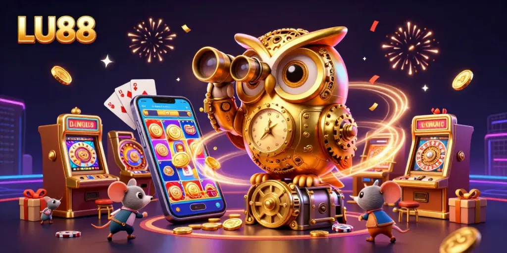 Spin and win with LU88! Experience a vibrant casino scene with slot machines and dynamic gaming elements.