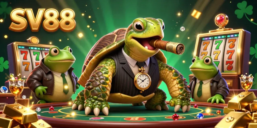 Experience thrilling slots gameplay at SV88 with vibrant characters and dazzling treasures in a lively casino scene.