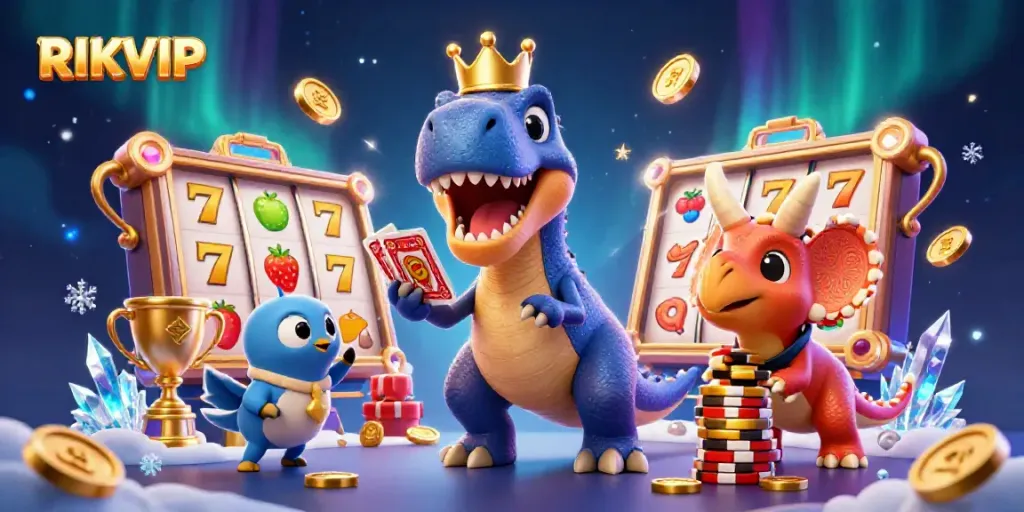 Interact with RIKVIP's fun casino scene showcasing a T-Rex card shuffling with friends amidst slot reels and golden chips.