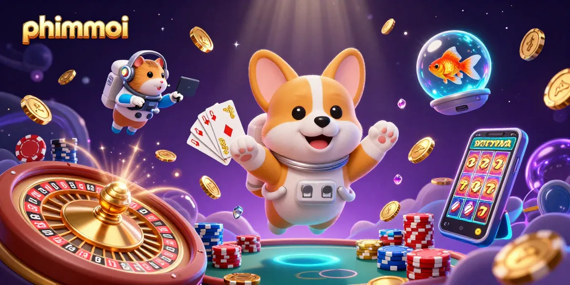 Experience thrilling phimmoi gaming with a 3D cartoon corgi astronaut in a dynamic casino scene.