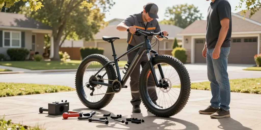Fatbike reparatie door mobiele monteur in de oprit van een klant.
