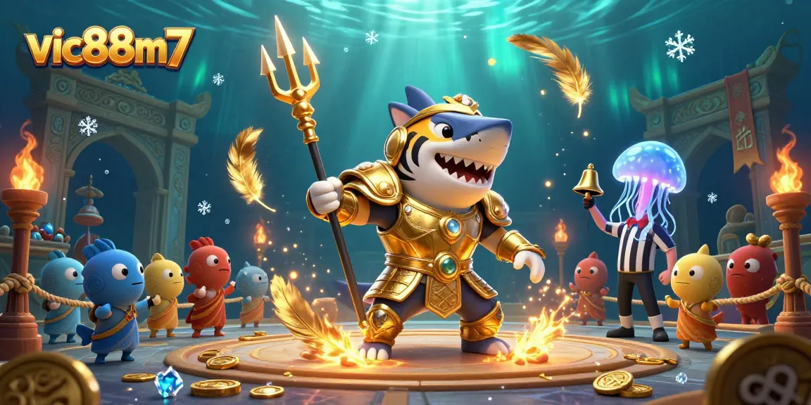 Engage with vic88m7 in a vibrant underwater casino battle featuring a gladiatorial shark.