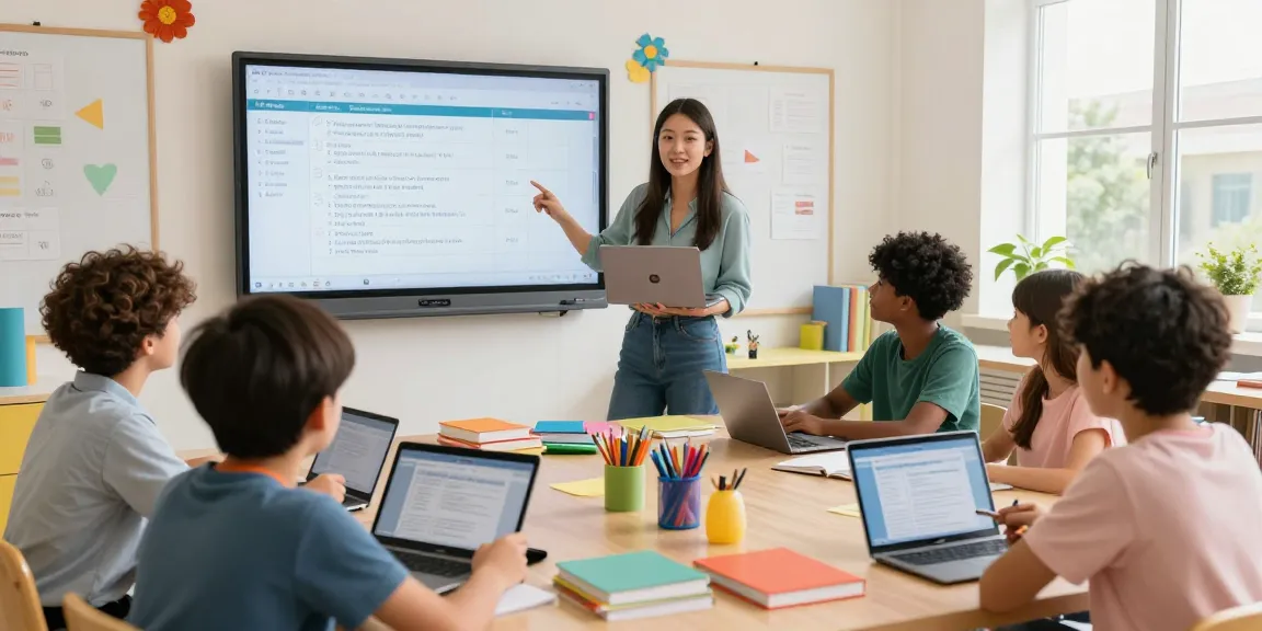 Teacher utilizing EMStudio online teacher planner in a vibrant classroom, promoting effective classroom management and lesson planning.
