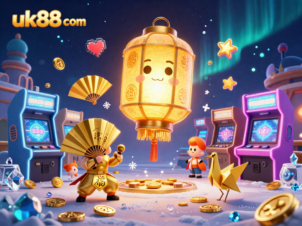 Experience thrilling gaming at uk88 com with vibrant 3D illustrations of a golden lantern spirit and arcade games.