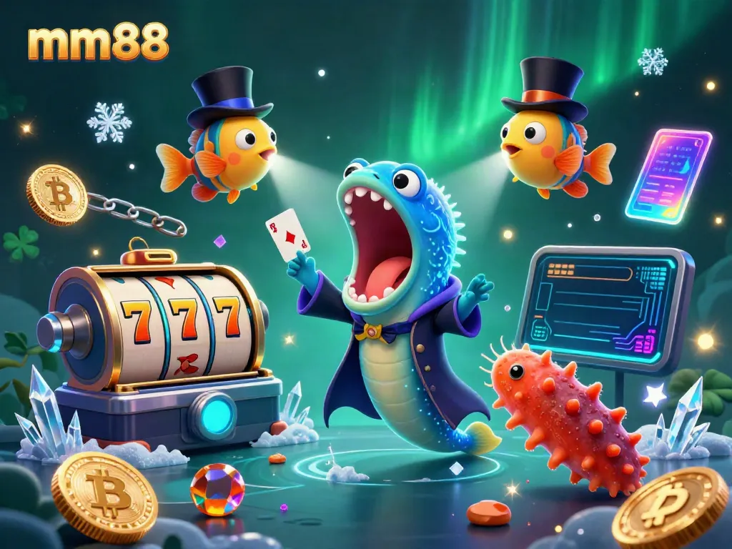 Experience magical card tricks with mm88's unique casino characters in a vibrant underwater scene.