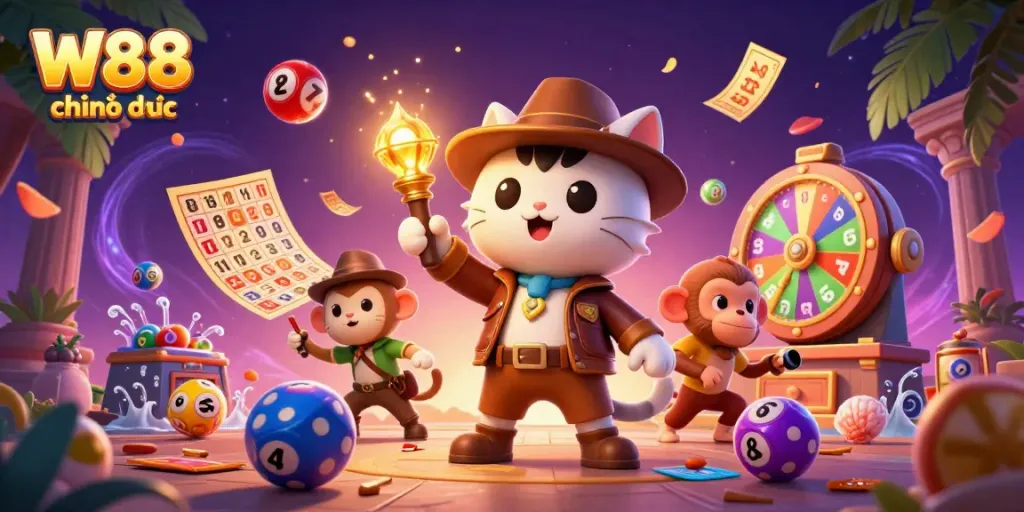 Experience W88 chính thức with an engaging casino adventure scene featuring lively characters and vibrant game elements.