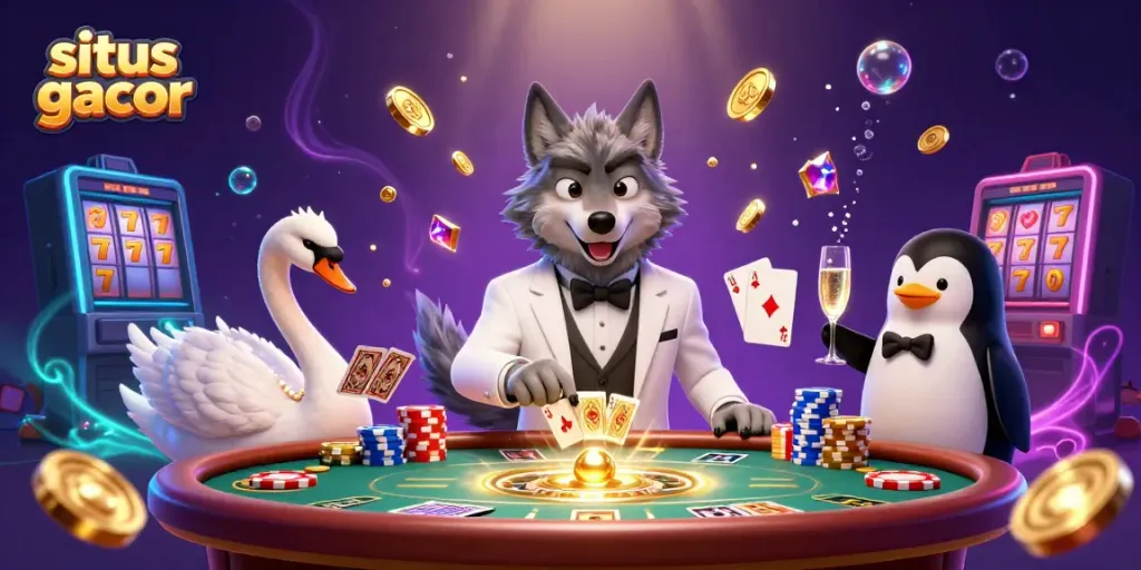 Menghibur pengguna dengan situs gacor, karakter kartun 3D beraksi di meja baccarat dan permainan slot.