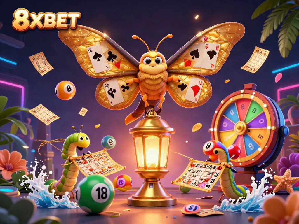 Experience thrilling gameplay with 8XBET as colorful lottery balls and golden tickets create an exciting casino atmosphere.