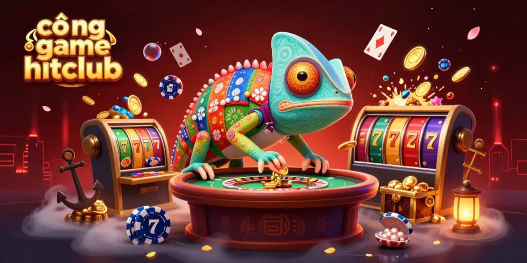 Experience thrilling gameplay at cổng game hitclub with dynamic 3D casino visuals of a colorful chameleon owner.