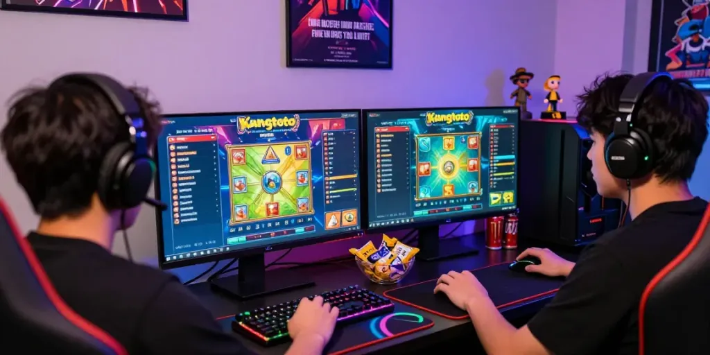 Permainan kangtoto yang seru di ruang permainan online dengan pemain serius dan peralatan gaming lengkap.