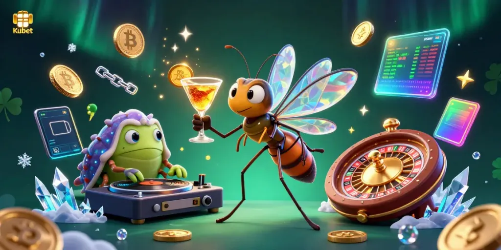 Kubet casino evokes excitement with a 3D cartoon scene featuring a unique mosquito mascot, trilobite DJ, and golden roulette wheel.