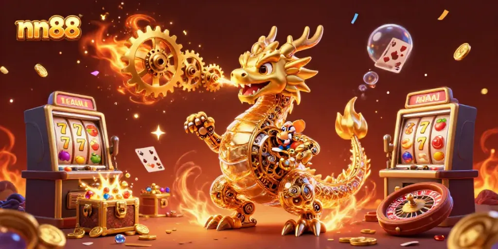 Engage with nn88 in this vibrant 3D casino artwork showcasing dynamic game elements and thrilling experiences.