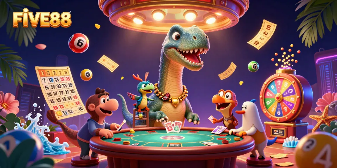 Experience thrilling poker action at FIVE88 with a whimsical 3D scene of dinosaurs and casino elements.