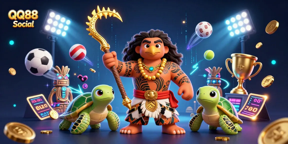 Experience exciting gameplay with QQ88 Social in this vibrant 3D casino scene featuring a demigod and sports elements.